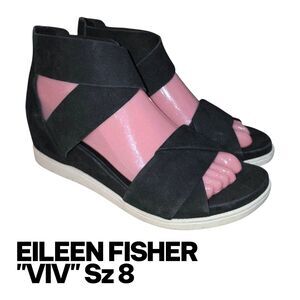 EILEEN FISHER VIV Sz 8 NWOT Criss Cross Straps Heel Zip Up Black Wedge Sandals